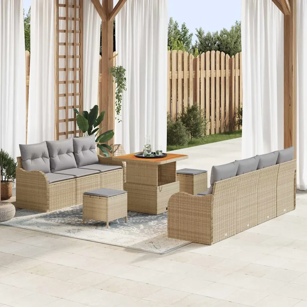 Set Divano da Giardino con cuscino 10 pcs Beige polyrattan