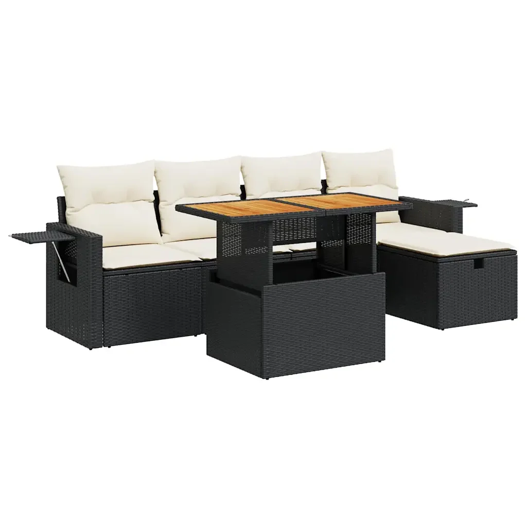 vidaXL Set Divano da Giardino 6 pz con Cuscini Nero Polyrattan Acacia - Image 2