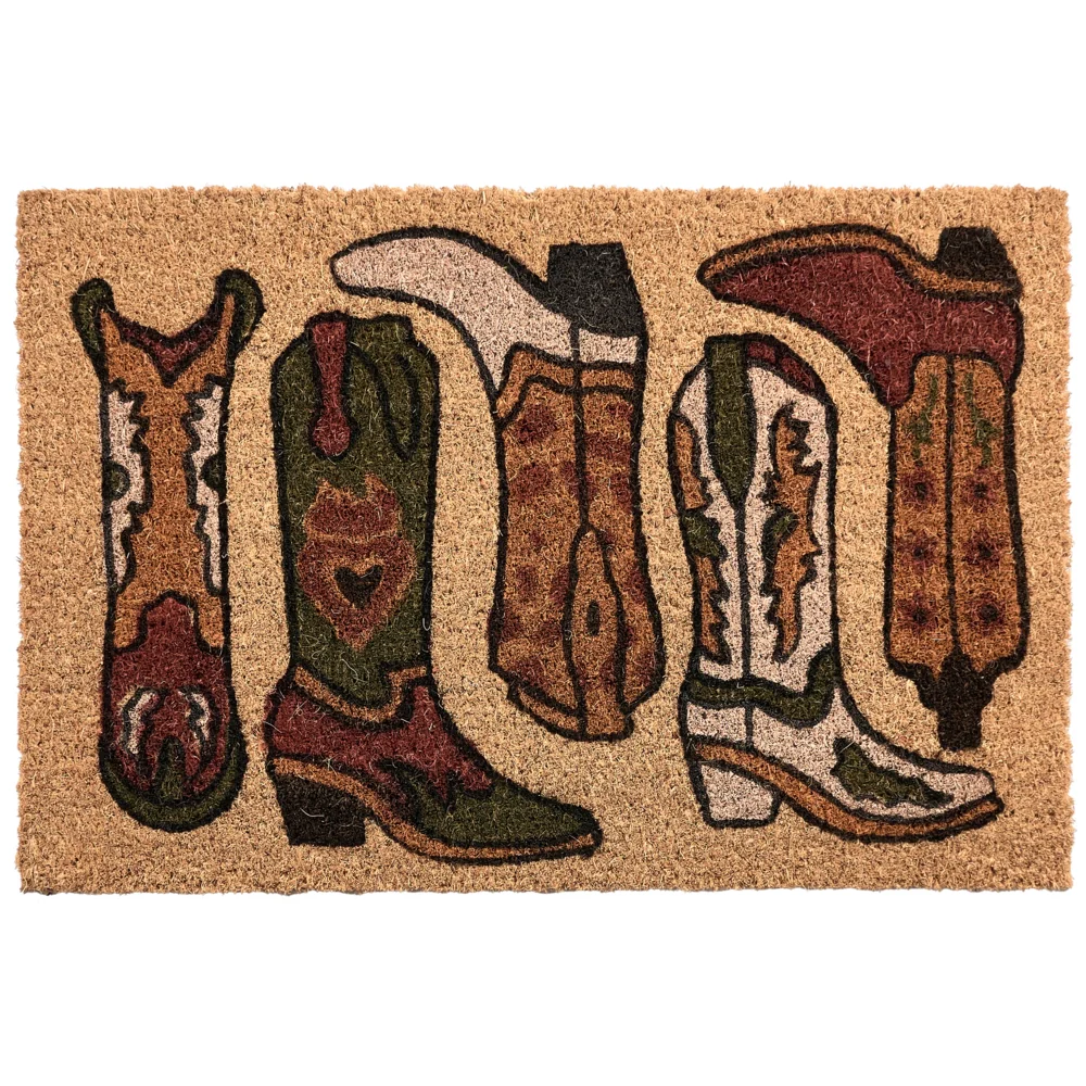 Zerbino di benvenuto in fibra di cocco antiscivolo 40 x 60 cm con retro in PVC stampa di stivali da cowboy naturale