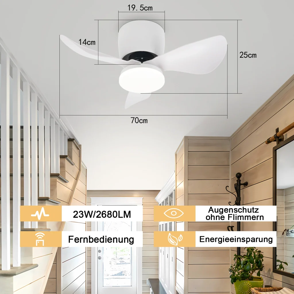 ZMH Ventilatore da soffitto bianco con illuminazione dimmerabile Silenzioso 70 cm con ventola e telecomando 23 W - Image 5