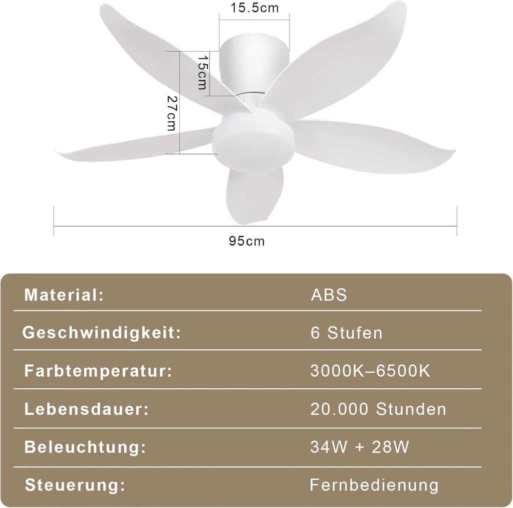 ZMH Ventilatore da Soffitto Illuminazione Silenziosa 5 Pale Bianche Luminosità Regolabile 6 Velocità per Soggiorno - Image 5
